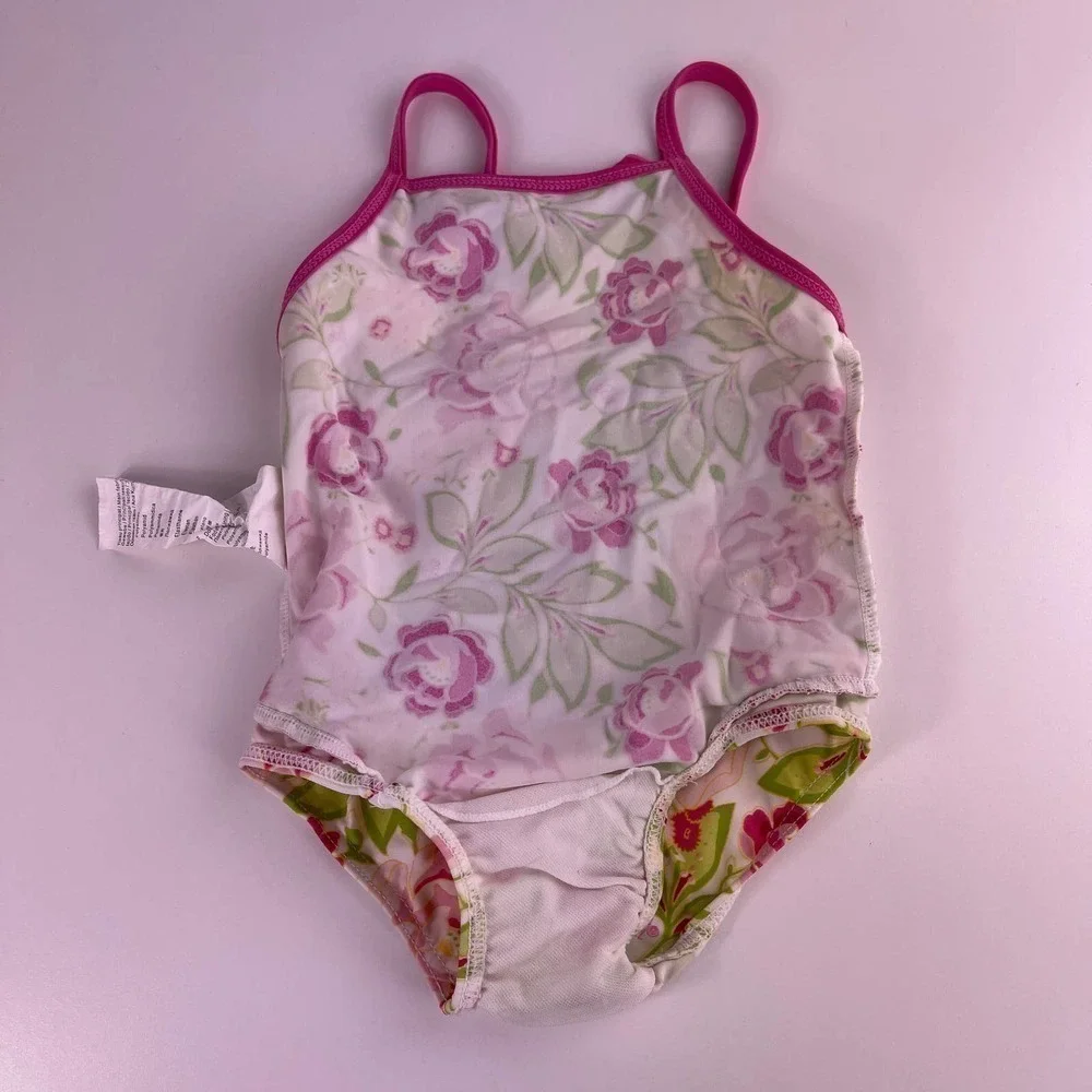 KENZO Kids Pink Green White Rose Floral Ruffle One Piece Swimsuit Swim 12 Months